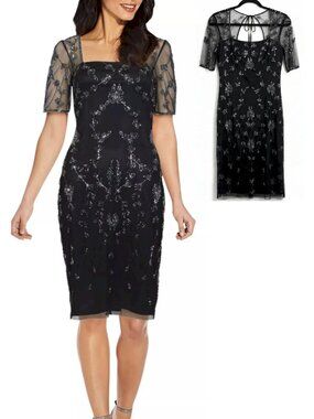 Adrianna Papell Women's Short Sleeve Floral-Print Beaded Dress Size 4 New NWT